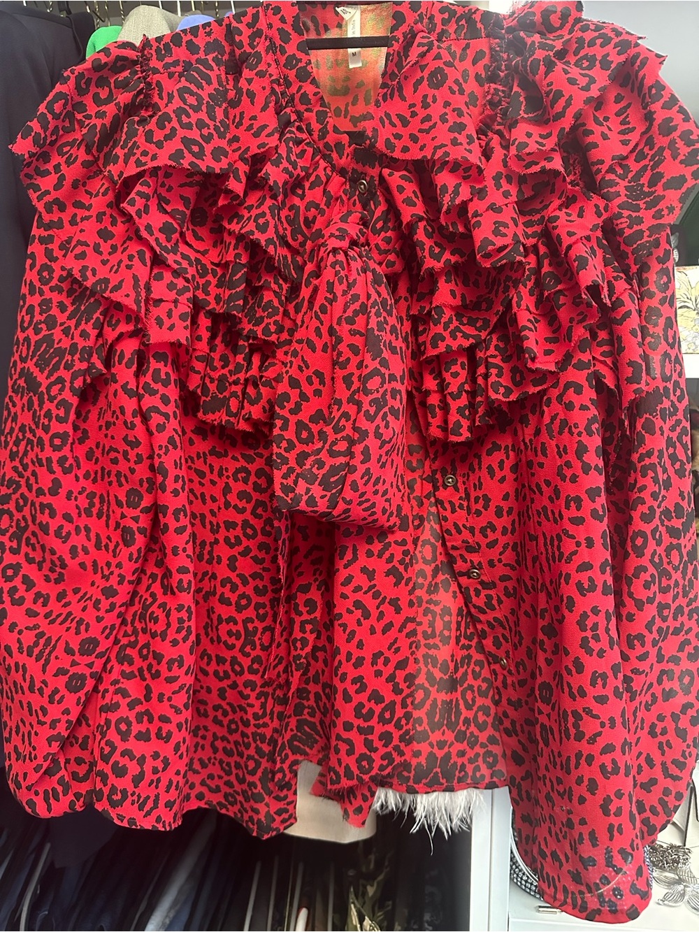Truth Red and Black Leopard Print Ruffle Blouse